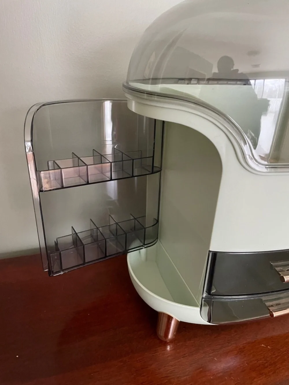 Retro Cosmetic Organizer in White and Greens with Rose Gold Accents